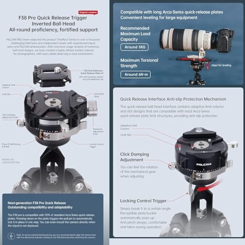 Falcam TreeRoot F38 Pro Carbon Tripod, 61 Inch Quick Release Travel Tripod with 360° Ball Head, 5 kg Load Capacity, F22 Interfaces, 1/4 Inch Screw, Strap Holes for DSLR, Mirrorless and Video Cameras