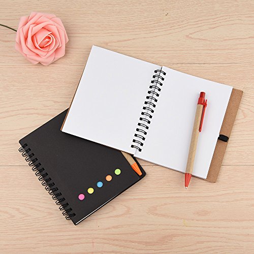 Coopay 4 Pack Spiral Notebook Journal Notepad with Pen in Holder and Sticky Notes, Page Marker Colored Index Tabs Flags (Black and Brown Cover)