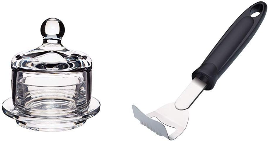 Artesà Mini Glass Butter Cloche, 9 x 9.5 cm (3.5" x 3.5") & KitchenCraft Stainless Steel Butter Curler Tool, 18 x 5 cm (7" x 2")