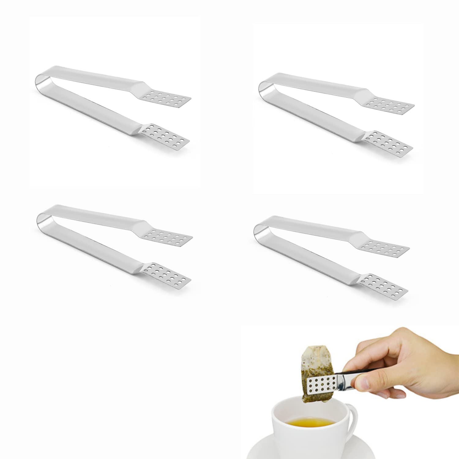 4 Pcs Tea Bag Spoon Stainless Steel Tea Bag Grabber Ice Cube Mini Tongs Mini Sugar Clip for Loose Tea Loose Leaf Gripping Ice Cubes