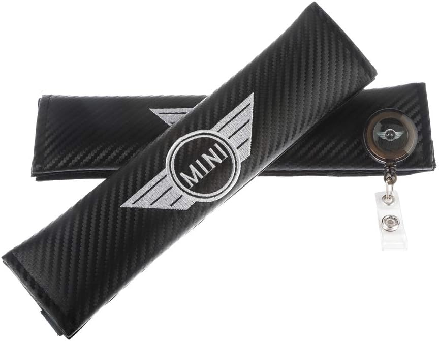 Clavel Autopartes 2pcs Car Seat Belts Covers Padding Carbon Fiber Leather Belt Shoulder Sleeve + 1pc Retractable Badge Reel with Metal Belt Clip (Mini Cooper)