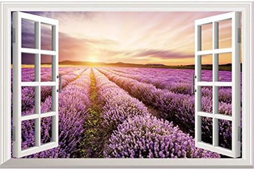Amtoodopin Sunset Lavender Flowers Fake Windows Wall Stickers Removable Faux Windows Wall Decal for Livingroom Bedroom (Sunset Lavender)