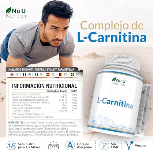 L-Carnitina 2200mg - 180 Cápsulas Veganas de Alta Potencia - Con riboflavina, biotina, cromo, vitamina D, B3 y B6 - Tartrato de L-Carnitina - Fabricado en Europa - Nu U Nutrition