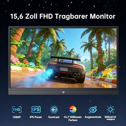 Portable Monitor 15,6" 1080P FHD IPS, USB-C & Mini HDMI Tragbarer Externer Bildschirm, Ultraleichter Reise-Gaming-Monitor mit Standfuß & Lautsprechern, für Laptop/PC/Mac/PS3/PS4/PS5/Xbox, Schwarz