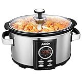 Slow Cooker Aicok 7 Quart Slow Cookers Programmable with 12 Hour Timer Auto Shut Off and Instant Food Warmer, Anti-scalding Handle and Oval Nonstick Removable Crock Stoneware,Stainless Steel