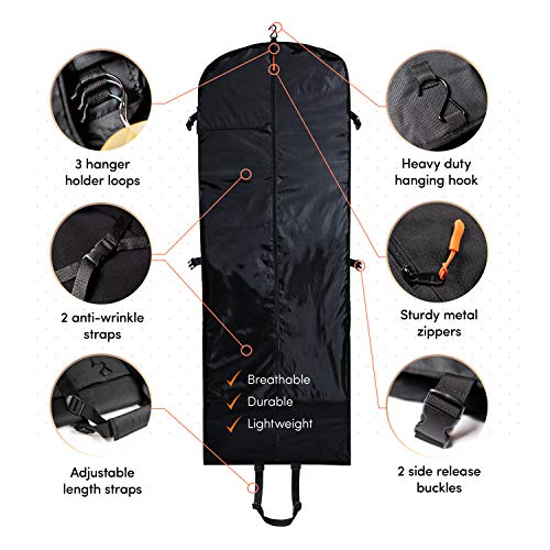 66 In Premium Trifold Garment Bag for Travel | Extra Long Women Dress, Men Suit, Wedding and Formal Gown | Hanging, Breathable, Foldable, 7 Pockets, Full Length Airplane Traveling Carry On for Clothes