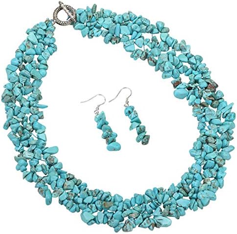 Natural Gemstone 3 Layer Choker Necklace Dangle Earrings Sets Cluster Jewelry For Women Teen Girls 20"
