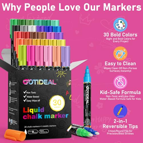 GOTIDEAL Chalk Markers, 30 Colors Liquid Chalk Markers for Blackboard Chalkboard Calendar Glass Neon Pens, Washable Window markers Paint and Drawing for Car, Auto, Bistro,Mirror Wet Erase Chisel Tip