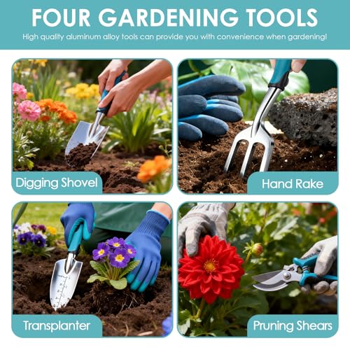 7PC Gardening Tool Set, Gardening Kit Garden Bag with Heavy Duty Holding Bag, Garden Hand Tool Set, Gardening Gifts for Women and Men