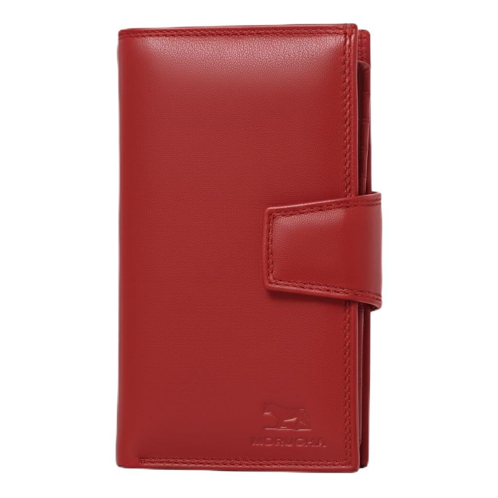 MORUCHA Genuine Leather Clutch Wallet for Women - High Capacity RFID Blocking Long Bifold Purse with 11 Card Slots, Photo ID Holder & Gift Box M-95 (Red)