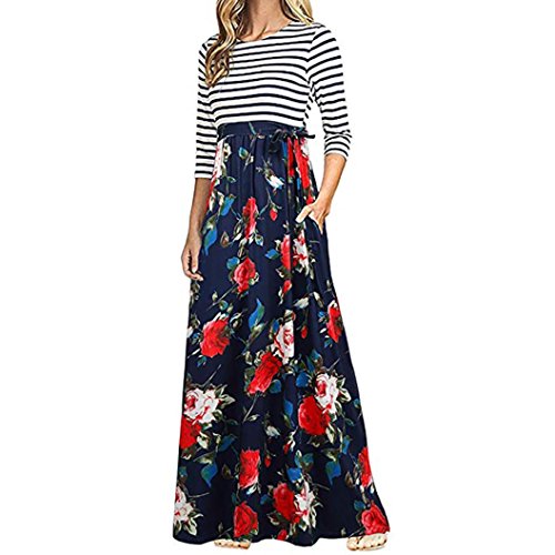 BCDshop Women Casual Floral Long Sleeve Boho Maxi Dresses with Pockets High Waist (Red, L)