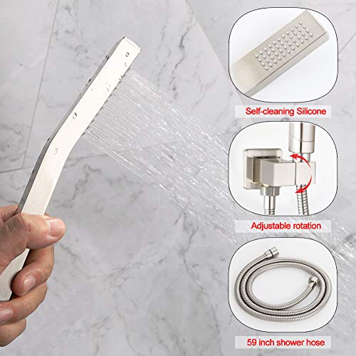POP Bathtub Shower Faucet Set Brushed Nickel Shower System with Tub Spout 10 Inch Bathroom Rain Mixer Shower Head Set with Handheld Wall Mounted Shower Combo Set (Contain Rough-in Valve Body and Trim)