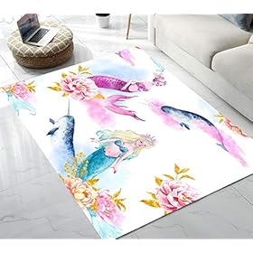 Beautiful Mermaid & Unicorn Fish Pattern Area Rug for Living Room Bedroom Playing Room 5'x6'