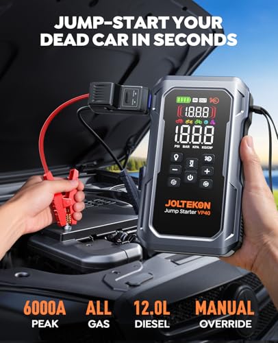 JOLTEKON 6000A 160PSI 9-in-1 Car Battery Jump Starter with Air Compressor & Air Blower (All Gas 12L Diesel), Battery Jumper Starter Portable Jump Box for Car Battery with 800LM Light/18W Fast Charge