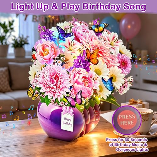 Pop Up Birthday Cards for Women with Birthday Music & Lights, Peony & Gerbera Flower Bouquet with Butterflies Design, 10 Inch Birthday Greeting Card for Mum, Wife, Sisters, Bonus Envelope & Note Card