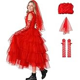 PTLYE Halloween Gothic Women Red Wedding Dress Costume Tulle Skirt Vintage Goth Cosplay Party Outfits with Veil Gloves