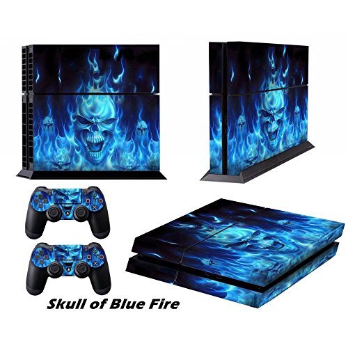 XFUNY(TM) Highest Quality Full Color Vinyl Decal Protective Skin Cover Sticker for Sony PlayStation 4 Console System and Two Decals for PS4 DualShock Controller - Skull of Blue Fire