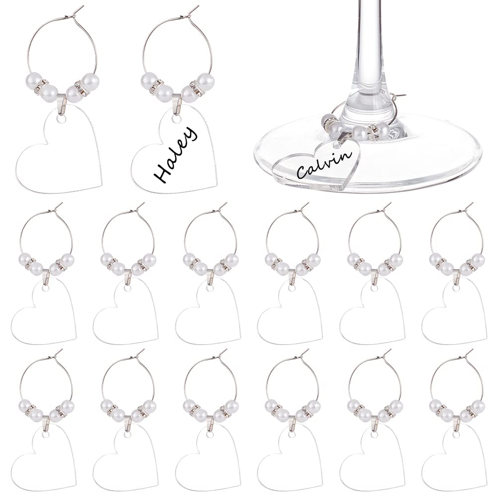 BENECREAT 20pcs Heart-Shaped Clear Acrylic Wine Glass Charms with Brass Rings for Glass Identification and Decoration