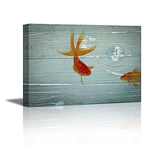 Canvas Prints Wall Art - Red Golden Fish on Vintage Wood Background Rustic Home Decoration - 12" x 18"
