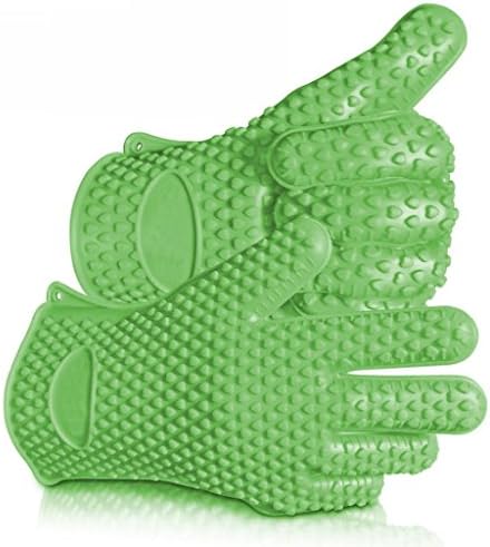 Highly Rated Silicone BBQ Gloves - Perfect For Use As Heat Resistant Cooking Gloves, Grill Gloves, Or Potholder - Directly Manage Hot Food In The Kitchen, Use As Grilling Gloves, Oven Gloves, Or At The Campsite! - Protect Your Hands And Avoid Accidents With Insulated Waterproof Five-Fingered Grip - Far More Shield And Versatility Than Oven Mitts - 1 Pair Number 1 in Service Silicone BBQ Gloves - FREE Premium Hassle-Free Lifetime Guarantee! - Green
