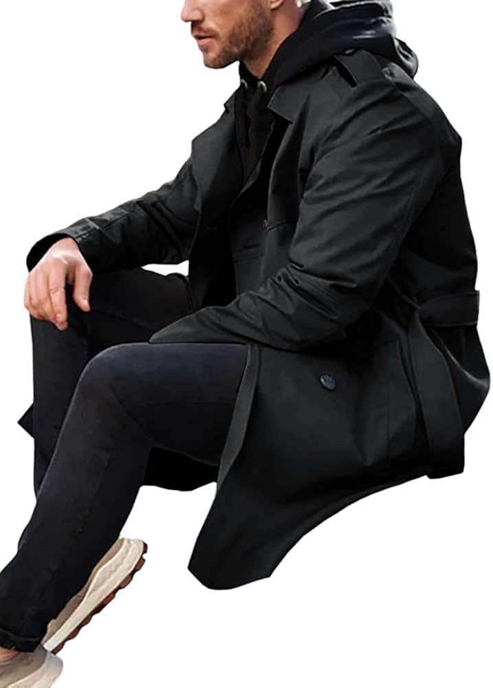 Men's Trench Coat Slim fit Long Lapel Double Breasted Belted Windbreaker Jacket Windproof Button Overcoat at  Men’s Clothing store