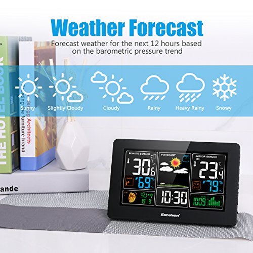 Excelvan Digital Wireless Weather Station with Large LCD Color Display, Barometer for Weather Forecast with Indoor and Outdoor Sensor, Temperature Humidity Monitor, Alarm Clock, Black