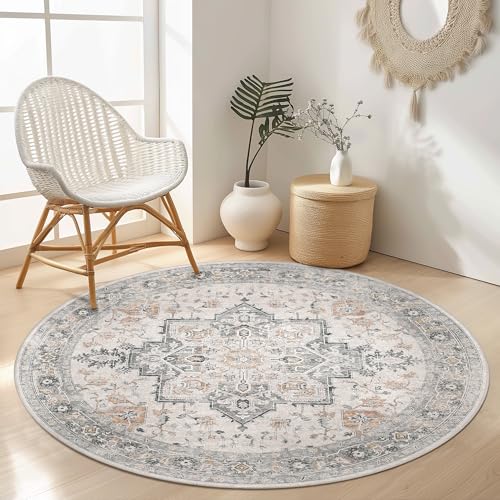 GENIMO Runder Vintage Teppich Taupe Beige fürs Wohnzimmer, Ø 160 cm