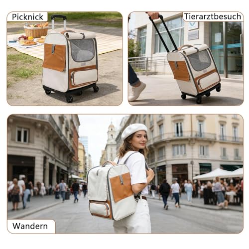 Cat Carrier Backpack, 3-in-1 with Wheels, Detachable Pet Backpack, with Sun Protection Roller Blinds, Ventilated Design, Multi Function Pet Rolling Carrier, for Dogs Cats Under 10kg or 22Lb (Beige)