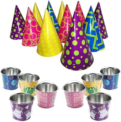 AJPSales Mini Birthday Buckets And Party Hats Pack - One Set Of 12 Metal Pails And One Pack Of 12 Party Hats - Perfect For Birthdays, Themes, Sleepovers And Games - For Kids All Ages 3 Years and Up