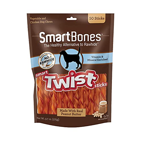 SmartBones Smart Twist Sticks with Peanut Butter 50 Count, RawhideFree Chews for Dogs, SBTT