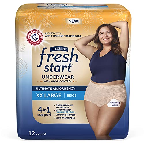 FitRight Fresh Start Incontinence and Postpartum Underwear for Women, XXL, Beige (12 Count) Ultimate Absorbency, Disposable Underwear with The Odor-Control Power of ARM & Hammer
