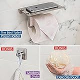 Toilet Paper Holder With Shelf Phone Storage Tablet + Loofah Bath Sponge + 3M Towel Hook Rack - Screws Wall Mount or Self Adhesive - Bathroom RUSTPROOF Stainless Steel Tissue Roll Accessories