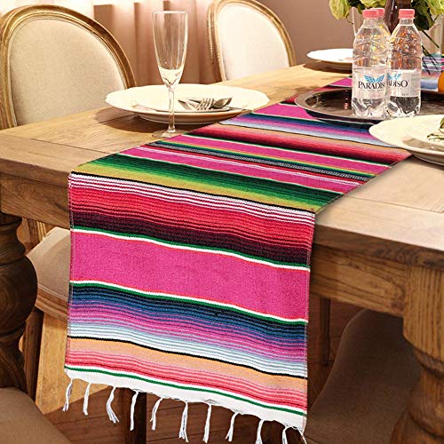 OurWarm Mexican Table Runner with Tassels 14in x 84in Fringe Cotton