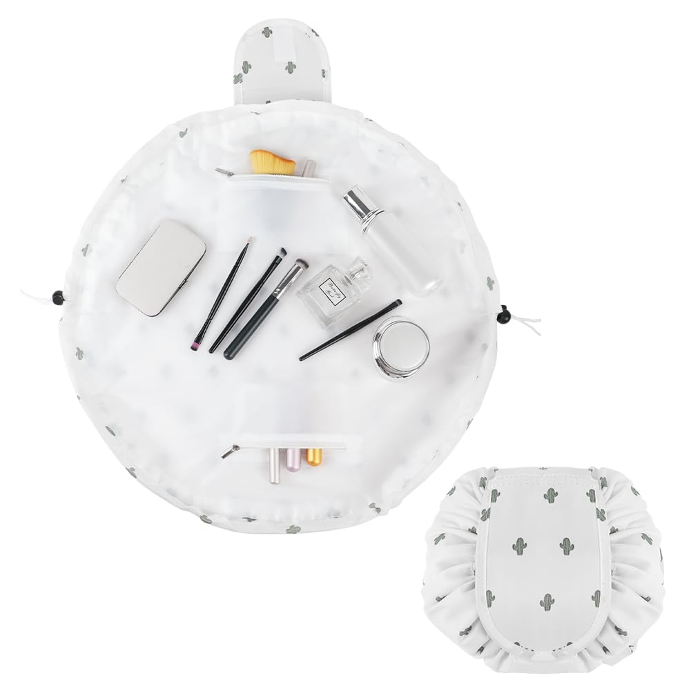 URAQT Lay Flat Drawstring Makeup Bag, Large-Capacity Travel Cosmetic Pouch, Portable Quick Pack Lazy Drawstring Make Up Bag for Daily Use, Magic Cosmetic Bag with Small Pocket for Women, Cactus