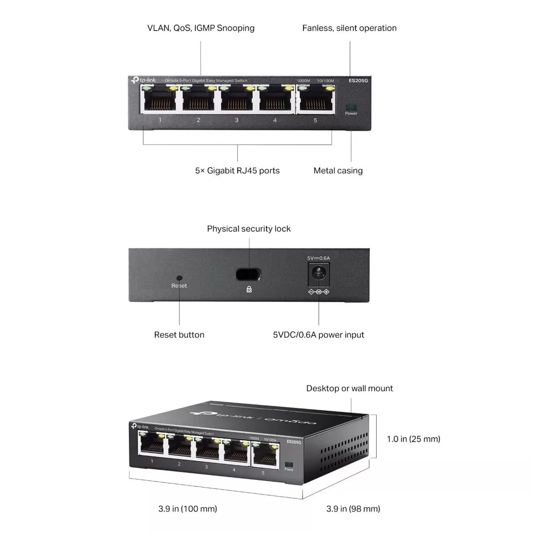 TP-Link Omada ES205G 5-Port Gigabit Easy Managed Switch, Plug & Play, Metallgehäuse mit lüfterlosem, geräuschlosem Design, Port Isolation, VLAN, IGMP-Snooping, Zentrales Cloud-Management 5