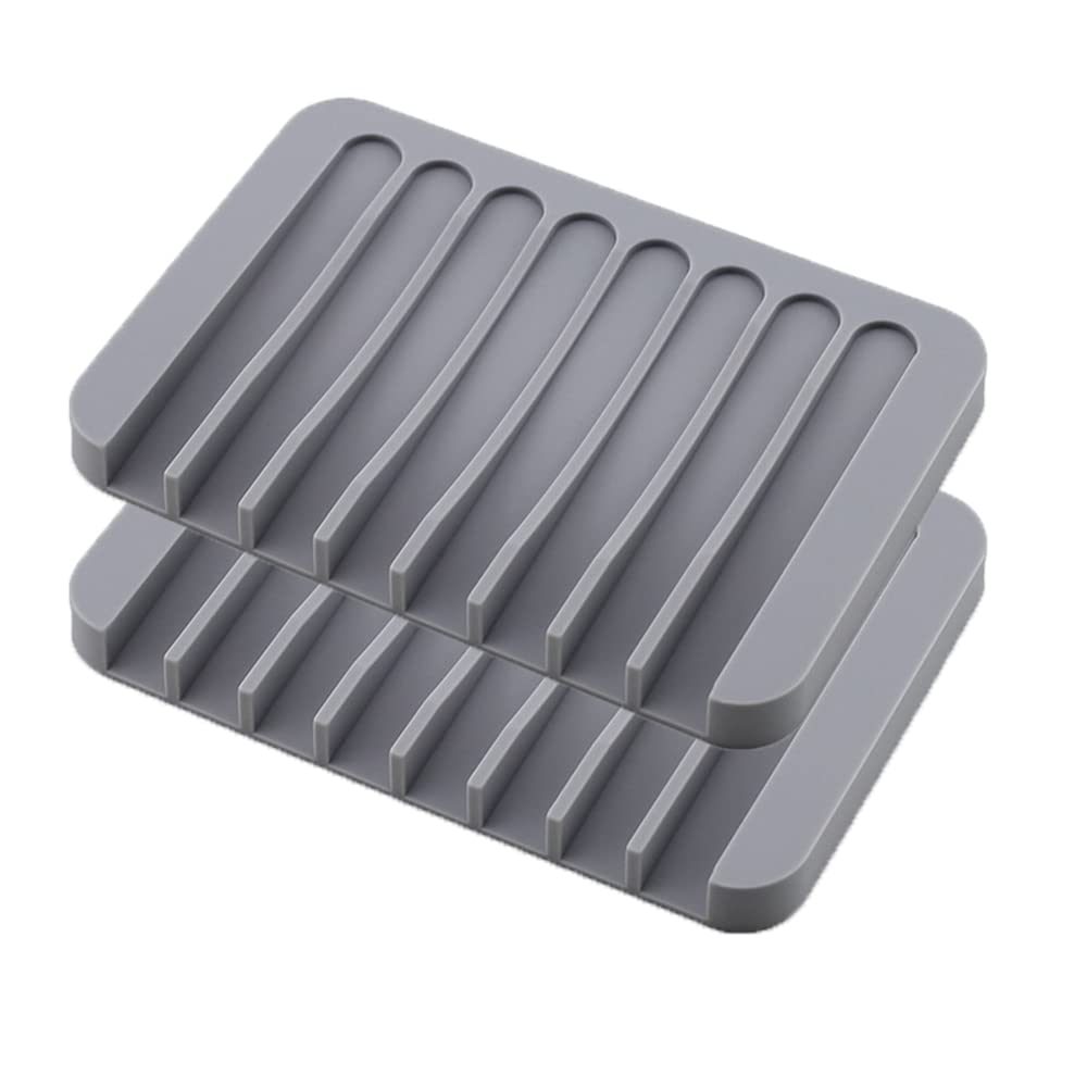 XHNFCU 2 Pcs Soap Dish Silicone Soap Drainer Dish Keep Soap Bars Dry Anti-Slip Soap Holder for Bathroom, Shower, Kitchen, Soap, Sponge (Grey)
