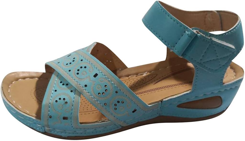 Sunhusing Wedge Sandals Womens Summer Casual Bohemian Open Toe Flats Non-Slip Beach Shoe Ankle Strap Buckle Sandals