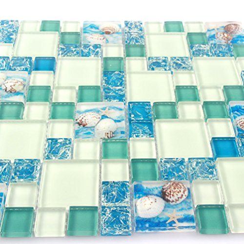 Mosaic Tiles Blue White Beach Style Glass Conch Backsplash Tile