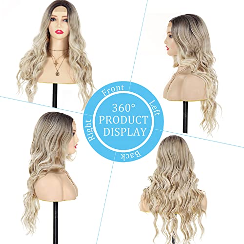 POPTAIYU Long Ombre Blonde Wavy Lace Front Wigs for Women with Dark Roots Synthetic Curly Natural Wavy Heat Resistant Hair for Daily Party Use (Ombre Blonde,26inch)