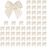 Meseey 60pcs Mini Satin Ribbon Bows with Pearl Ribbon Flowers Appliques DIY Craft for Sewing, Scrapbooking, Wedding, Gift,Christmas Decoration (Ivory)