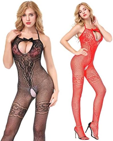 LOVELYBOBO 2 Pack Womens Plus Size Fishnet Bodystockings Striped Lingerie Crotchless Bodysuits Tights Suspenders
