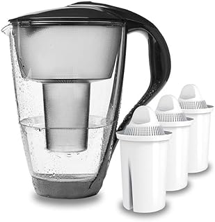 PearlCo - Glas-Wasserfilter (anthrazit) mit 3 classic Filterkartuschen - passt zu Brita Classic