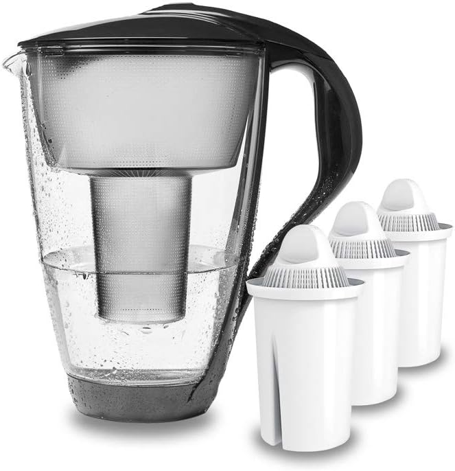 PearlCo - Glas-Wasserfilter (anthrazit) mit 3 classic Filterkartuschen - passt zu Brita Classic