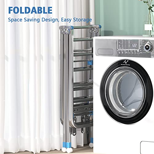 3 Tier Extendable Clothes Drying Rack, 1.8M Compact Stainless Clothes Stand,Winged FreeStanding Laundry Dryer Rack for Drying Clothing Indoor Outdoor,Height-Adjustable Wings,33 Rails,Sock Clips,Wheels