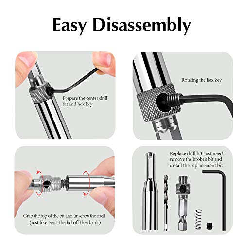 Center Drill Bit Set(16 PCS), ZINMOND Self Centering Hinge Tapper Core Hole Puncher Woodworking Tools for Cabinet Door 5/64'' 7/64'' 9/64'' 11/64'' 13/64'' 5mm 1/4'' with 1 Hex Key & 8 Replacement bit