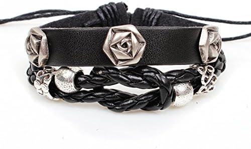 Personality Rose Rivets Braided Leather Bracelet with Alloy Accessories Adjustable Cuff Charm Bangle