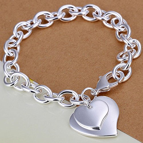 SeaISee 925 Sterling Silver Fashion Bracelet/bangle Jewelry Trendy Women Double Heart Charm Bracelets
