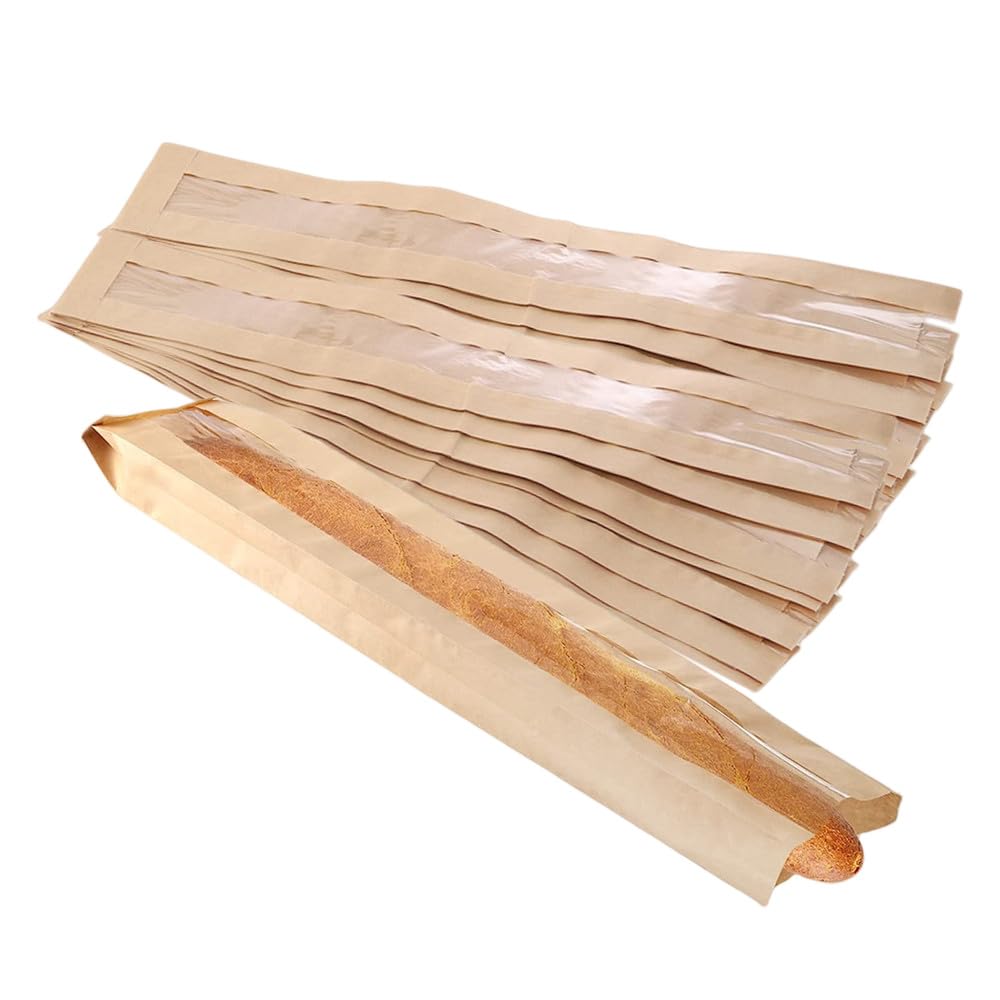 50 Pack Kraft Baguette Bags - 23"x4"x1.6" Bakery Storage Bags with Clear Front Window and 64 Clear Seal Stickers for Homemade French Bread (Brown)