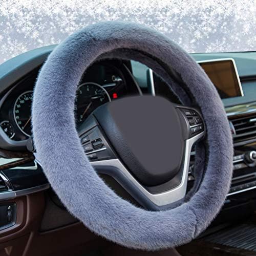 XCBYT Fuzzy Fluffy Steering Wheel Cover - Soft Grey Plush Warm Hands Universal 15" Car Interior Accessories for Women (Plush-Grey)