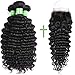 Brazilian Hair Deep wave 3 Bundles with Closure(10 12 14 + 10) Curly Virgin Hair Bundles with 4x4 Free Part Closure Unprocessed Deep Curly Human Hair Extension Natural Color for Black Women
